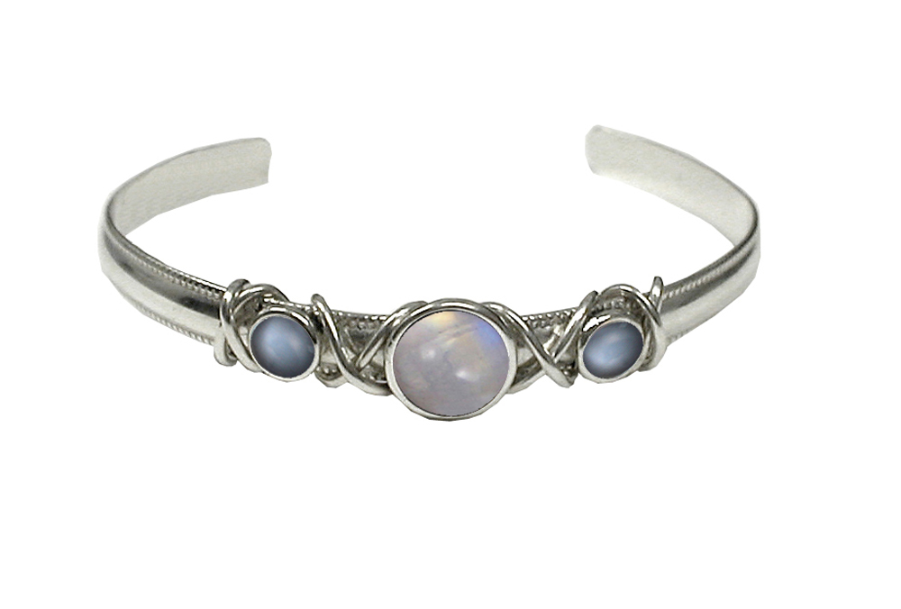 Sterling Silver Hand Made Cuff Bracelet With Rainbow Moonstone And Grey Moonstones